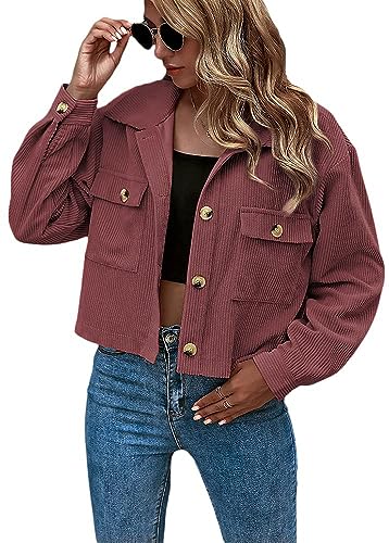 ORANDESIGNE Cordjacke Damen Leichte Cordhemd Jacke Corduroy Vintage Kurzjacke Lange Ärmel Outwear Winter Frühling Herbst mit Knöpfen Z1-Rot M von ORANDESIGNE