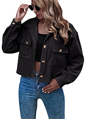 ORANDESIGNE Cordjacke Damen Leichte Cordhemd Jacke Corduroy Vintage Kurzjacke Lange Ärmel Outwear Winter Frühling Herbst mit Knöpfen Z1-Schwarz S von ORANDESIGNE