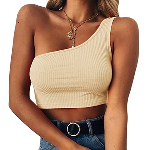 ORANDESIGNE Crop Top Damen Sexy Oberteile Bauchfrei Eng Eine Schulter Tanktop Einfarbig Stricktop Kurz Ribbed Tank Shirt Streetwear Cutout Camisole Top Tshirt A Aprikose S von ORANDESIGNE