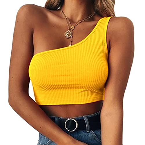 ORANDESIGNE Crop Top Damen Sexy Oberteile Bauchfrei Eng Eine Schulter Tanktop Einfarbig Stricktop Kurz Ribbed Tank Shirt Streetwear Cutout Camisole Top Tshirt A Gelb XS von ORANDESIGNE