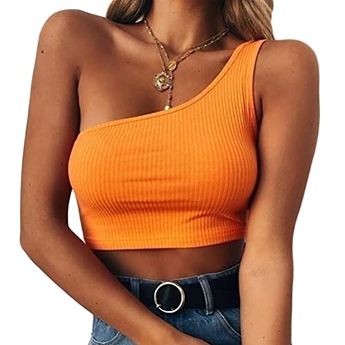 ORANDESIGNE Crop Top Damen Sexy Oberteile Bauchfrei Eng Eine Schulter Tanktop Einfarbig Stricktop Kurz Ribbed Tank Shirt Streetwear Cutout Camisole Top Tshirt A Orange L von ORANDESIGNE