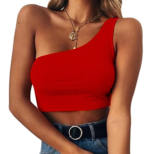 ORANDESIGNE Crop Top Damen Sexy Oberteile Bauchfrei Eng Eine Schulter Tanktop Einfarbig Stricktop Kurz Ribbed Tank Shirt Streetwear Cutout Camisole Top Tshirt A Rot L von ORANDESIGNE