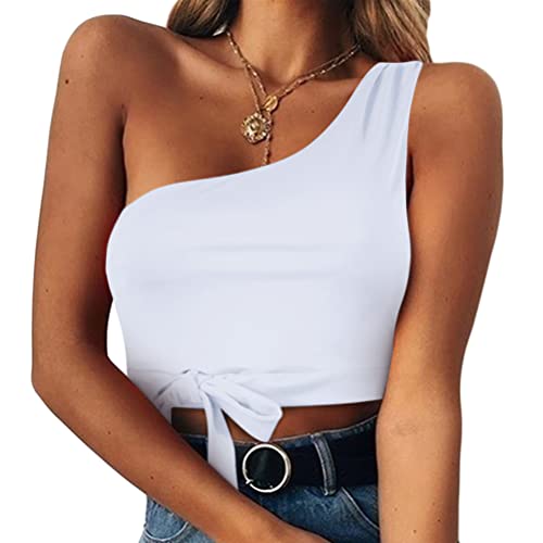 ORANDESIGNE Crop Top Damen Sexy Oberteile Bauchfrei Eng Tanktop Einfarbig Stricktop Kurz Ribbed Tank Sommer Trägershirts Streetwear Cutout Basic Shirt Camisole Top Tshirt D Weiß S von ORANDESIGNE