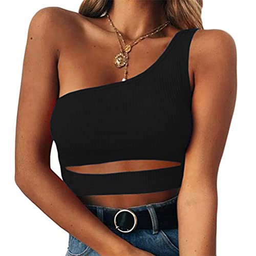 ORANDESIGNE Crop Top Damen Sexy Oberteile Bauchfrei Eng Tanktop Einfarbig Stricktop Kurz Ribbed Tank Trägershirts Streetwear Cutout Camisole Top Tshirt C Schwarz M von ORANDESIGNE