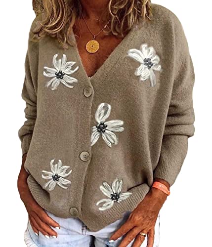 ORANDESIGNE D Grau Damen Strickjacke Pullover V Ausschnitt Warm Cardigan Kurz Einfarbig Winterjacke Pulli Mit Einzig Knöpfe Jacket Langarm Coat Oberteile XS von ORANDESIGNE