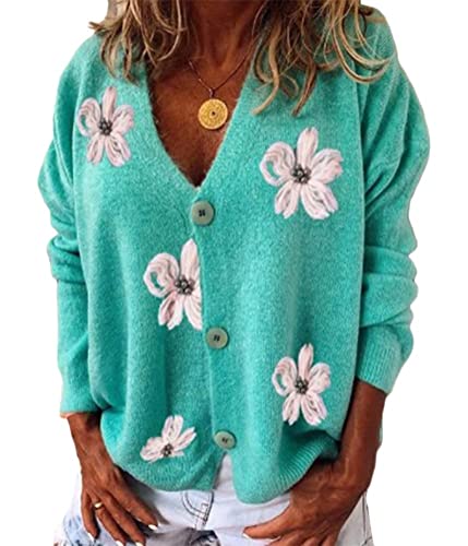 ORANDESIGNE D Grün Damen Strickjacke Gänseblümchen Druck Strickmantel V Ausschnitt Strickcardigan Langarm Lose mit Knopf Liebe Drucken Sterndruck Strick Cardigan S von ORANDESIGNE