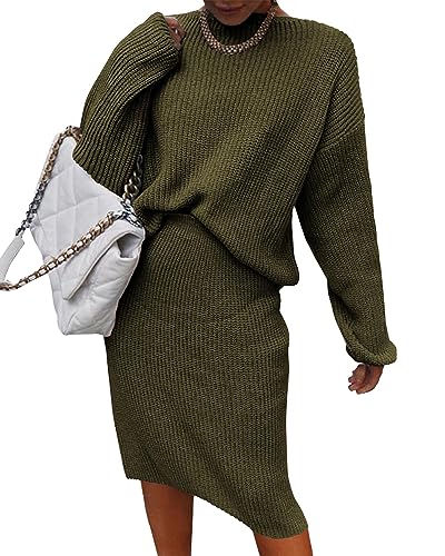 ORANDESIGNE Damen 2 Stück Röcke Outfits Lange Ärmel Strickpullover Geschlitzter Bodycon Midi Rock Herbst Winter Pulloverkleider Set 2 -Teilige Röcke Set A Armeegrün 3XL von ORANDESIGNE
