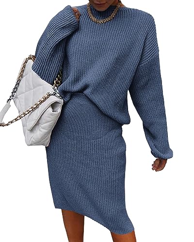 ORANDESIGNE Damen 2 Stück Röcke Outfits Lange Ärmel Strickpullover Geschlitzter Bodycon Midi Rock Herbst Winter Pulloverkleider Set 2 -Teilige Röcke Set A Blau XS von ORANDESIGNE