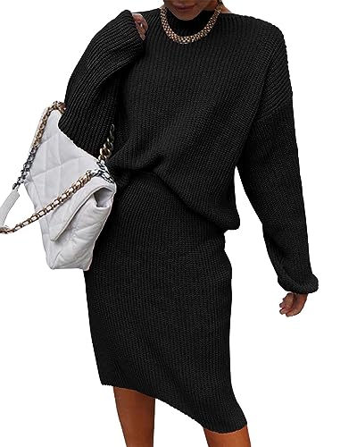 ORANDESIGNE Damen 2 Stück Röcke Outfits Lange Ärmel Strickpullover Geschlitzter Bodycon Midi Rock Herbst Winter Pulloverkleider Set 2 -Teilige Röcke Set A Schwarz 3XL von ORANDESIGNE