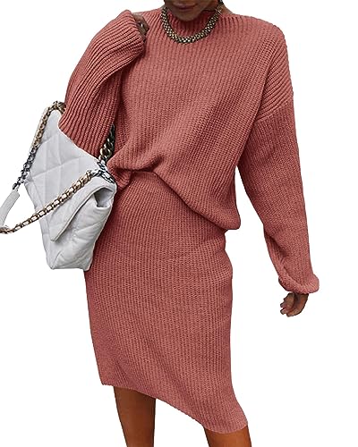 ORANDESIGNE Damen 2 Stück Röcke Outfits Lange Ärmel Strickpullover Geschlitzter Bodycon Midi Rock Herbst Winter Pulloverkleider Set 2 -Teilige Röcke Set A Rose XL von ORANDESIGNE