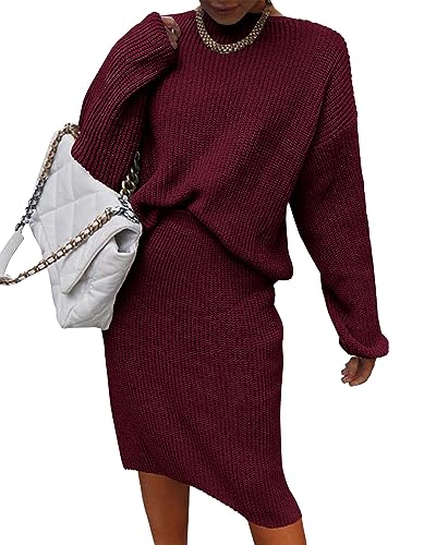ORANDESIGNE Damen 2 Stück Röcke Outfits Lange Ärmel Strickpullover Geschlitzter Bodycon Midi Rock Herbst Winter Pulloverkleider Set 2 -Teilige Röcke Set A Weinrot S von ORANDESIGNE