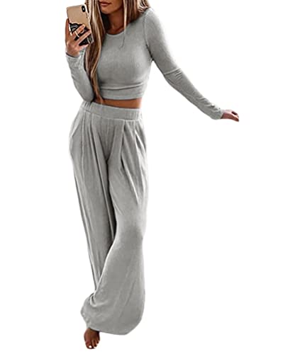 ORANDESIGNE Damen 2 Stück Strickanzug Frauen Langarm Strickpullover mit Langhosen Jogginganzug Freizeitanzug Beiläufig Loungewear Set Streetanzug B Grau S von ORANDESIGNE