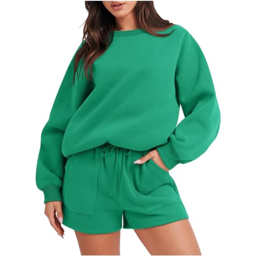 ORANDESIGNE Damen 2-Teilige Outfits Herbst Workout Sets Trainingsanzug Übergroßes Sweatshirt Shorts Lounge Sets Y2K Preppy Kleidung A Grün L von ORANDESIGNE