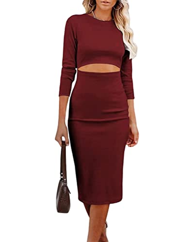 ORANDESIGNE Damen 2-Teiliges Kleid Herbst Winter Lange Ärmel Geripptes Kleider Sets Strickoberteil mit Rollkragen + Midirock Strickkleid Zweiteiliger Anzug B Weinrot M von ORANDESIGNE