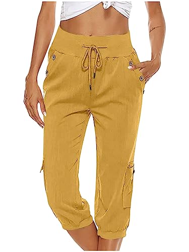 ORANDESIGNE Damen 3/4 Hose Sommer Casual Yoga Capris Crop Hose Elastische Taille mit Knopf Baggy Weite Hose Lose Caprihose Jogginghose Sweathose mit Kordelzug A Gelb XXL von ORANDESIGNE