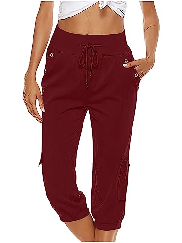 ORANDESIGNE Damen 3/4 Hose Sommer Casual Yoga Capris Crop Hose Elastische Taille mit Knopf Baggy Weite Hose Lose Caprihose Jogginghose Sweathose mit Kordelzug A Weinrot L von ORANDESIGNE