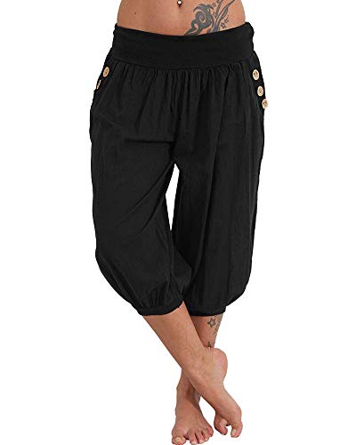 ORANDESIGNE Damen 3/4 Länge Haremshose Blumenmuster Pumphose Ballonhose Weite Bein Capri Sommerhose Yogahosen Große Größe Aladinhose A Schwarz M von ORANDESIGNE