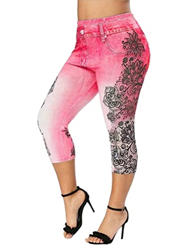 ORANDESIGNE Damen 3/4 Leggings Capri Jeggings Jeansoptik Sporthose Große Größen Yogahose Stretch Skinny Sportleggings Tights Fitnesshose A Rosa XL von ORANDESIGNE