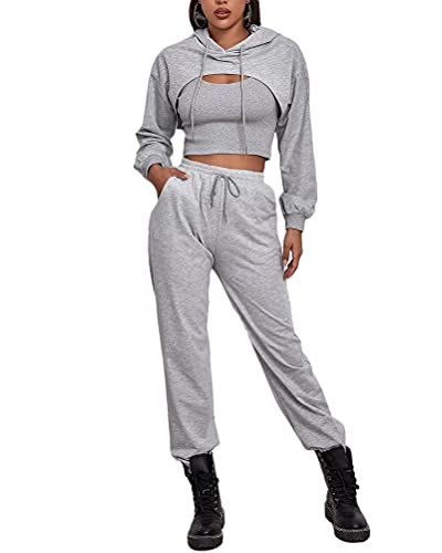 ORANDESIGNE Damen 3 Teiliger Sportanzüge Jogginganzug Sport Sets Lange Hose und Kurze Weste und Hoodie Set Jogginganzug Kapuzen Trainingsanzug Set Fitness Jogging Freizeitanzug Sportswear Grau M von ORANDESIGNE