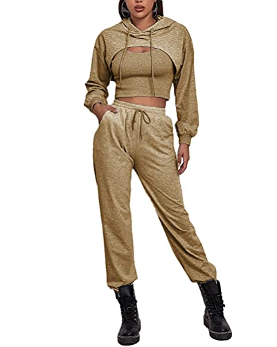 ORANDESIGNE Damen 3 Teiliger Sportanzüge Jogginganzug Sport Sets Lange Hose und Kurze Weste und Hoodie Set Jogginganzug Kapuzen Trainingsanzug Set Fitness Jogging Freizeitanzug Sportswear Khaki L von ORANDESIGNE