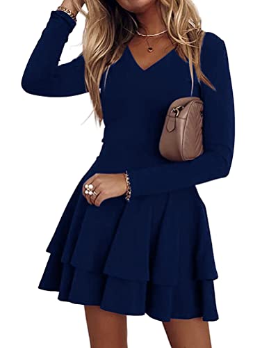 ORANDESIGNE Damen A-Linie Kleid Minikleid Langarm Volltonfarbe Mehrlagig Rüsche Herbst Frühling V-Ausschnitt Swing Kleid Personalisiert Elegant Tunika Kleid für Party Cocktail Freizeit A Dunkelblau L von ORANDESIGNE