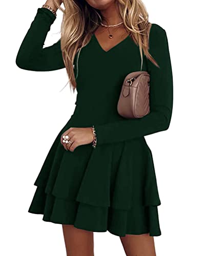 ORANDESIGNE Damen A-Linie Kleid Minikleid Langarm Volltonfarbe Mehrlagig Rüsche Herbst Frühling V-Ausschnitt Swing Kleid Personalisiert Elegant Tunika Kleid für Party Cocktail Freizeit A Grün XS von ORANDESIGNE