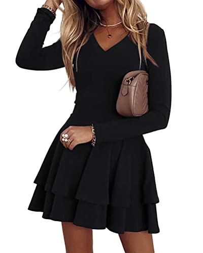 ORANDESIGNE Damen A-Linie Kleid Minikleid Langarm Volltonfarbe Mehrlagig Rüsche Herbst Frühling V-Ausschnitt Swing Kleid Personalisiert Elegant Tunika Kleid für Party Cocktail Freizeit A Schwarz S von ORANDESIGNE