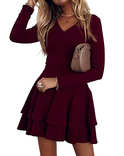 ORANDESIGNE Damen A-Linie Kleid Minikleid Langarm Volltonfarbe Mehrlagig Rüsche Herbst Frühling V-Ausschnitt Swing Kleid Personalisiert Elegant Tunika Kleid für Party Cocktail Freizeit A Weinrot XXL von ORANDESIGNE