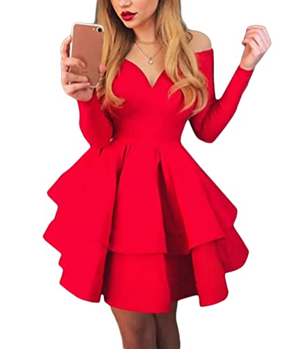 ORANDESIGNE Damen A-Linie Kleid Minikleid Langarm Volltonfarbe Mehrlagig Rüsche Herbst Frühling V-Ausschnitt Swing Kleid Personalisiert Elegant Tunika Kleid für Party Cocktail Freizeit B Rot M von ORANDESIGNE