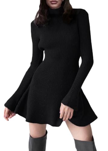 ORANDESIGNE Damen A-Linie Pulloverkleid Einfarbige Pullover Minikleid Rollkragen Kleid Langarm Hohe Elastizität Weich Warme Strickpullover Winter Pullikleid Freizeitkleid B Schwarz L von ORANDESIGNE