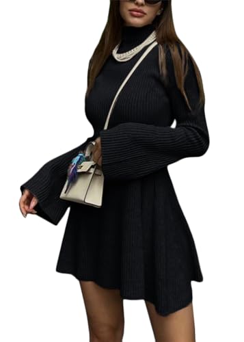 ORANDESIGNE Damen A-Linie Pulloverkleid Einfarbige Pullover Minikleid Rollkragen Kleid Langarm Hohe Elastizität Weich Warme Strickpullover Winter Pullikleid Freizeitkleid D Schwarz M von ORANDESIGNE