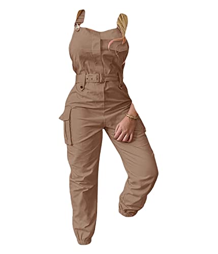 ORANDESIGNE Damen Ärmellos Cargo Overalls Verstellbare Träger Overalls mit Taschen und Gürtel Lässige Mode Tapered Trägerhose A Khaki M von ORANDESIGNE