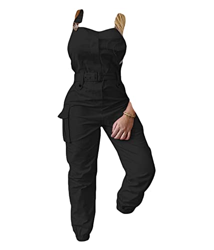 ORANDESIGNE Damen Ärmellos Cargo Overalls Verstellbare Träger Overalls mit Taschen und Gürtel Lässige Mode Tapered Trägerhose A Schwarz M von ORANDESIGNE