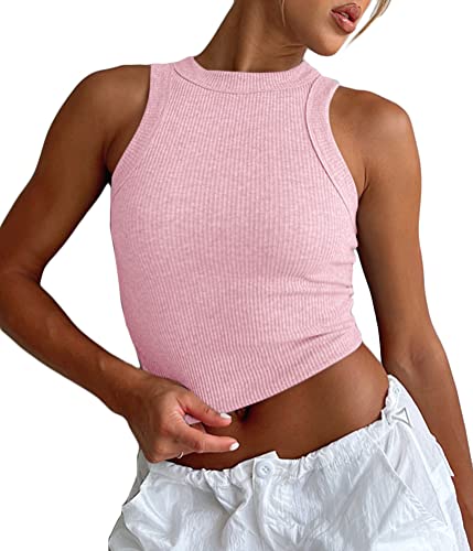 ORANDESIGNE Damen Ärmellos Crop Tops Racerback Rundhals Tank Top Neckholder Basic Slim Fit Shirts Elegant Oberteile Cami Top Sexy C Rosa L von ORANDESIGNE