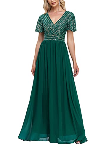 ORANDESIGNE Damen Abendkleid A-Linie Spitze Kurzarm Partykleid Spitzenkleid Brautjungfer Elegant Party Langes Kleid Cocktailkleid Chiffon Abendkleid Cocktailkleid Sommerkleid C Grün XXL von ORANDESIGNE