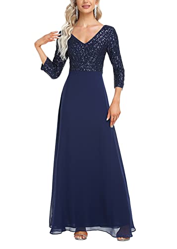 ORANDESIGNE Damen Abendkleid A-Linie Spitze Kurzarm Partykleid Spitzenkleid Brautjungfer Elegant Party Langes Kleid Cocktailkleid Chiffon Abendkleid Cocktailkleid Sommerkleid D Navy Blau M von ORANDESIGNE