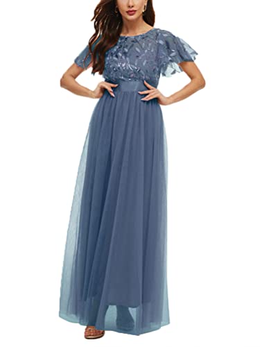 ORANDESIGNE Damen Abendkleid A-Linie Spitze Kurzarm Partykleid Spitzenkleid Brautjungfer Elegant Party Langes Kleid Cocktailkleid Chiffon Abendkleid Cocktailkleid Sommerkleid H Blau L von ORANDESIGNE