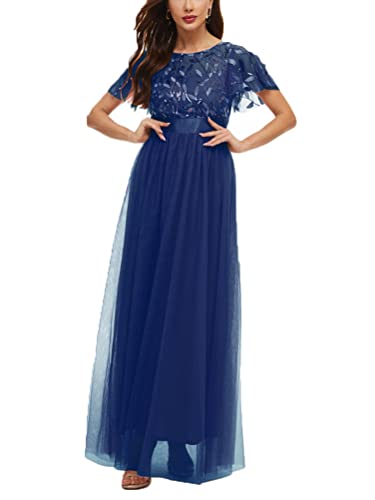 ORANDESIGNE Damen Abendkleid A-Linie Spitze Kurzarm Partykleid Spitzenkleid Brautjungfer Elegant Party Langes Kleid Cocktailkleid Chiffon Abendkleid Cocktailkleid Sommerkleid H Marine XL von ORANDESIGNE