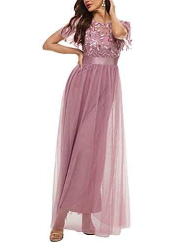 ORANDESIGNE Damen Abendkleid A-Linie Spitze Kurzarm Partykleid Spitzenkleid Brautjungfer Elegant Party Langes Kleid Cocktailkleid Chiffon Abendkleid Cocktailkleid Sommerkleid H Rosa L von ORANDESIGNE