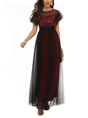 ORANDESIGNE Damen Abendkleid A-Linie Spitze Kurzarm Partykleid Spitzenkleid Brautjungfer Elegant Party Langes Kleid Cocktailkleid Chiffon Abendkleid Cocktailkleid Sommerkleid H Rot L von ORANDESIGNE