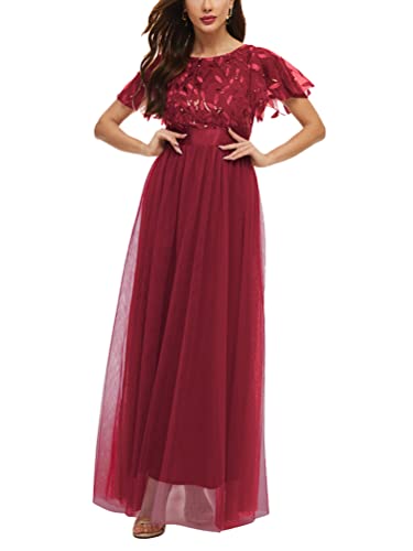 ORANDESIGNE Damen Abendkleid A-Linie Spitze Kurzarm Partykleid Spitzenkleid Brautjungfer Elegant Party Langes Kleid Cocktailkleid Chiffon Abendkleid Cocktailkleid Sommerkleid H Rotwein XL von ORANDESIGNE