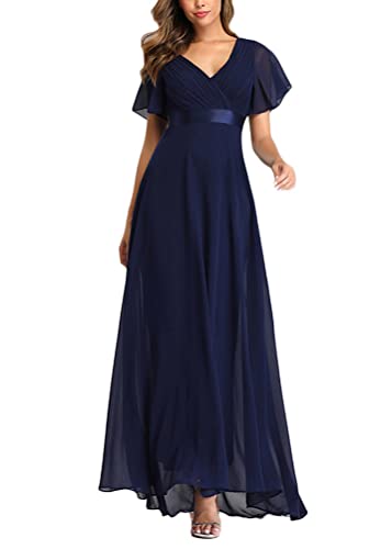 ORANDESIGNE Damen Abendkleid A-Linie Spitze Kurze Ärmel Partykleid Lang Abendkleid Frau Chiffon Brautjungfernkleid Rundhal Hochzeit Bodenlang A Navy Blau L von ORANDESIGNE