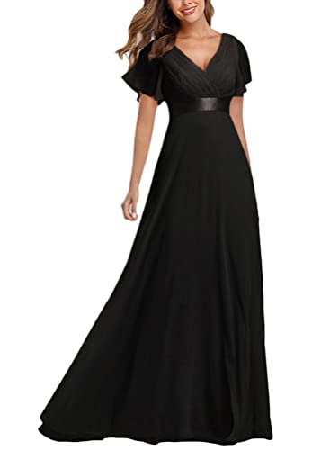 ORANDESIGNE Damen Abendkleid A-Linie Spitze Kurze Ärmel Partykleid Lang Abendkleid Frau Chiffon Brautjungfernkleid Rundhal Hochzeit Bodenlang A Schwarz L von ORANDESIGNE