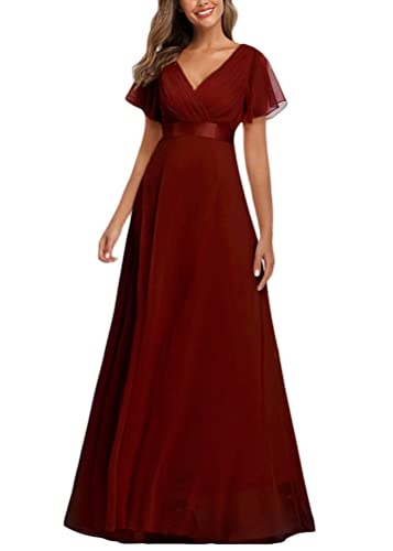 ORANDESIGNE Damen Abendkleid A-Linie Spitze Kurze Ärmel Partykleid Lang Abendkleid Frau Chiffon Brautjungfernkleid Rundhal Hochzeit Bodenlang A Weinrot L von ORANDESIGNE