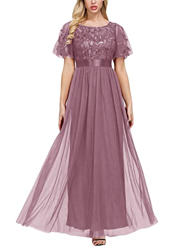 ORANDESIGNE Damen Abendkleid A-Linie Spitze Kurze Ärmel Partykleid Lang Abendkleid Frau Chiffon Brautjungfernkleid Rundhal Hochzeit Bodenlang B Rosa L von ORANDESIGNE