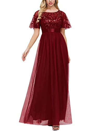 ORANDESIGNE Damen Abendkleid A-Linie V-Ausschnitt Ärmellos Hohe Taille Lang Abendkleid A-Linie Kurzarm Spitze Chiffon Rundkragen Hohe Taille Ballkleid Mesh Kleid B Weinrot XXL von ORANDESIGNE