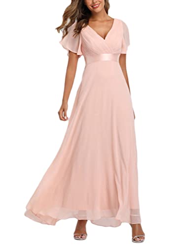 ORANDESIGNE Damen Abendkleid A-Linie V-Ausschnitt Kurzarm Chiffon Hohe Taille Rundkragen Spitze Empire A-Linie Elegant Chiffon Bodenlang Brautjungfernkleider A Rosa S von ORANDESIGNE