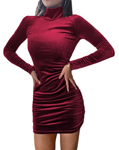 ORANDESIGNE Damen Abendkleid Kurz Elegant Sexy Winter Kleider Langarm Rollkragenkleider Festlich Ballkleider Party Kleid Weihnachtskleid Samtkleid Cocktailkleid A Rot M von ORANDESIGNE