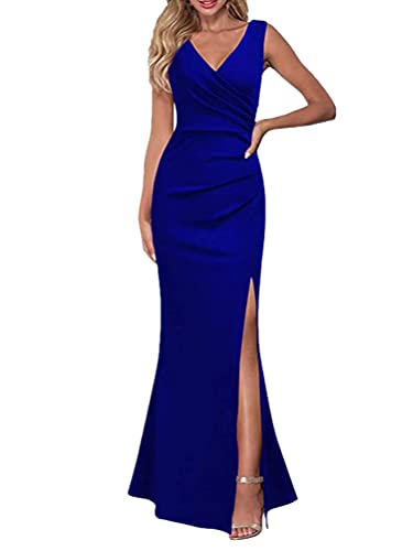 ORANDESIGNE Damen Abendkleid V-Ausschnitt A-Linie Party Hohe Taille Langes Kleid mit Schlitzen Einfarbig Schlank Ärmelloses Abendkleid Cocktail A Blau, M von ORANDESIGNE
