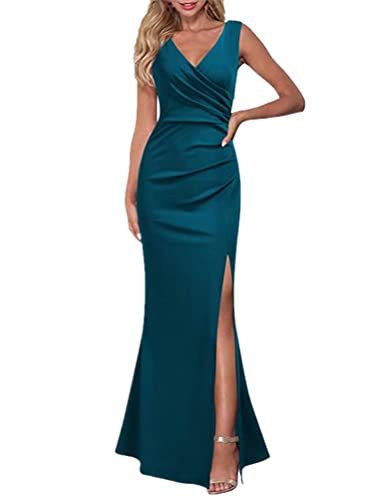 ORANDESIGNE Damen Abendkleid V-Ausschnitt A-Linie Party Hohe Taille Langes Kleid mit Schlitzen Einfarbig Schlank Ärmelloses Abendkleid Cocktail A Grün L von ORANDESIGNE